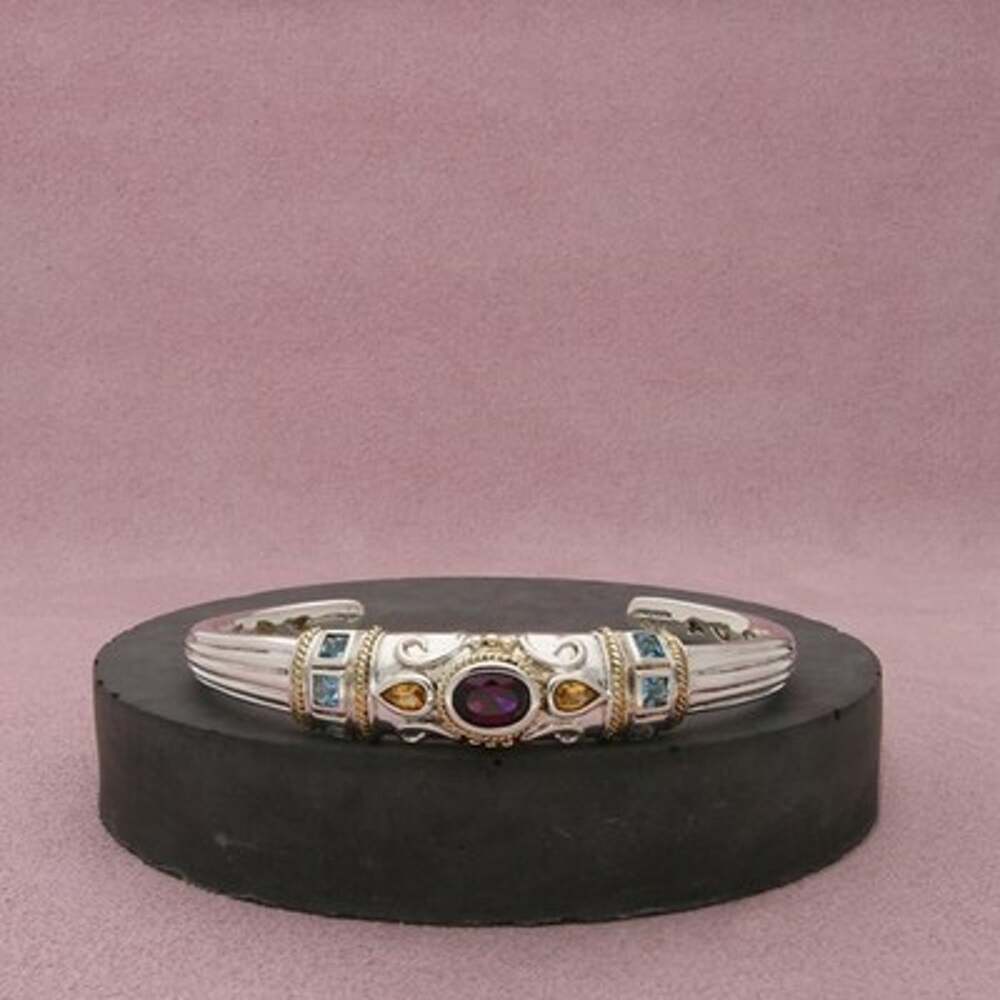 Michelle Albala Sterling Silver Gold Accent Amethyst Topaz Cuff Bracelet 6.75in